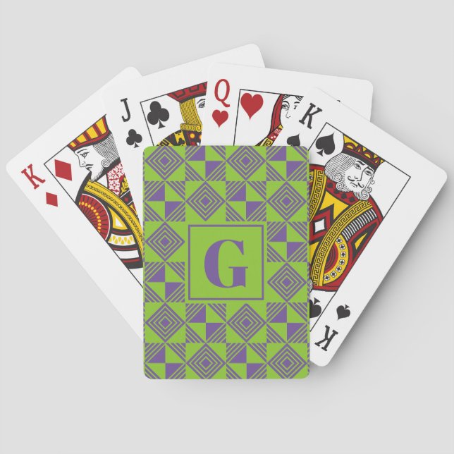 Square Triangle Geometric Green Purple Monogram Playing Cards (Back)
