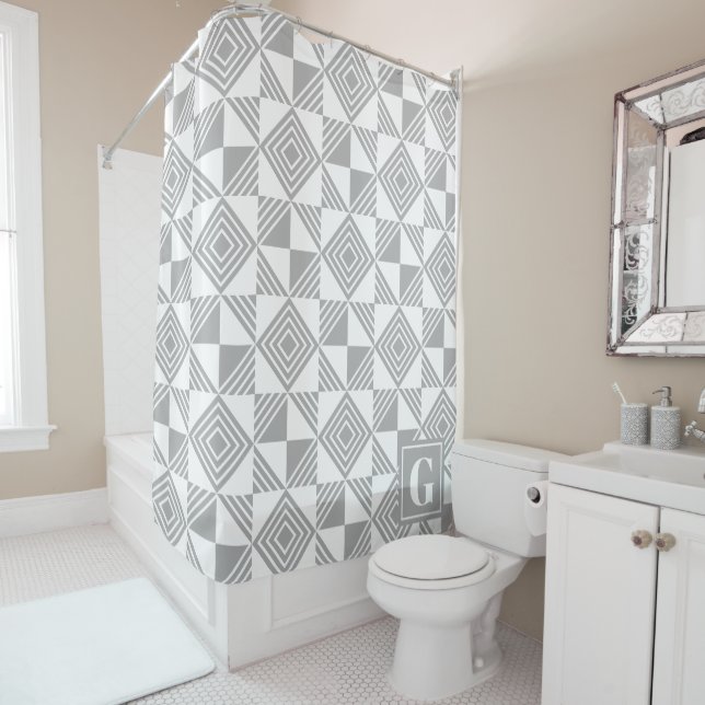 Square Triangle Geometric Grey White Monogram Shower Curtain (In Situ)