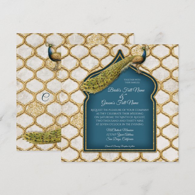 Square Vintage Peacock Arabesque Gold Wedding Invitation (Front/Back)