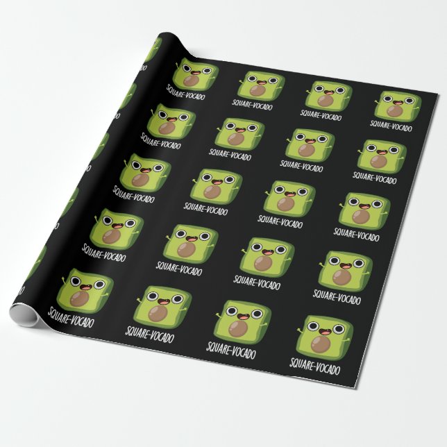 Square-vocado Funny Cube Avocado Pun Dark BG Wrapping Paper (Unrolled)