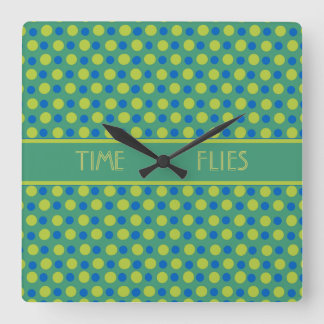 Square Wall Clock, Blue, and Green Polka Dots Square Wall Clock