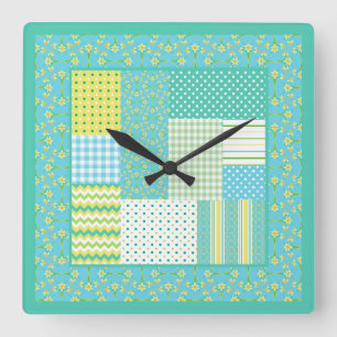 Square Wall Clock: Daffodil Faux-Patchwork Square Wall Clock