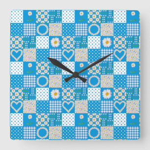 Square Wall Clock: Daisy Chains, Faux Patchwork Clock
