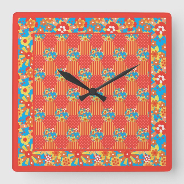 Square Wall Clock, Ditzy Orange Floral Patchwork Square Wall Clock (Front)