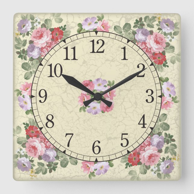 Square wall clock - floral design (Front)
