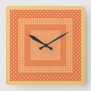 Square Wall Clock, Orange Checks and Polka Dots Clock