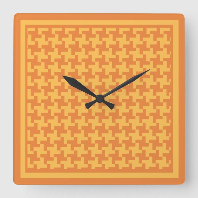 Square Wall Clock, Orange Dogstooth Check Square Wall Clock (Front)