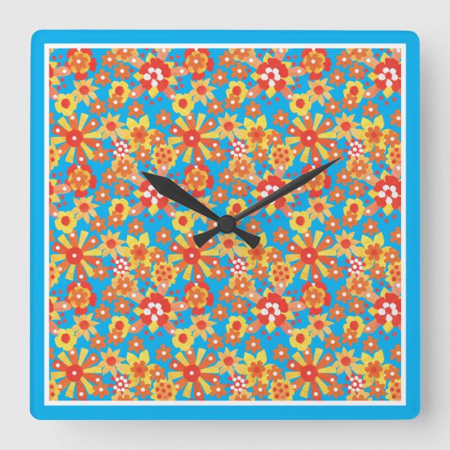 Square Wall Clock, Orange Flowers, Blue Border Clock (Front)