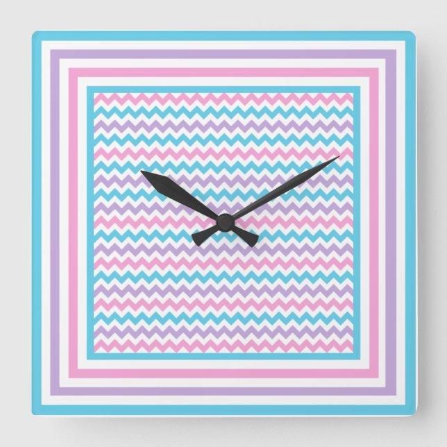 Square Wall Clock, Pink, Mauve, Turquoise Chevrons Square Wall Clock (Front)