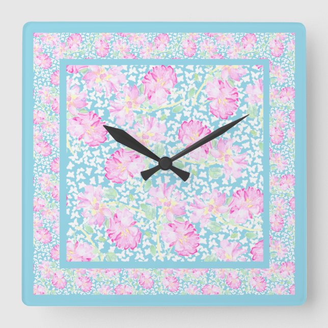 Square Wall Clock, Pink Roses, White Butterflies Clock (Front)