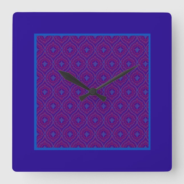 Square Wall Clock, Purple and Blue Ogee Pattern Clock (Front)