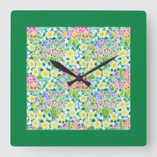 Square Wall Clock, Spring Primroses, Forest Green Clock