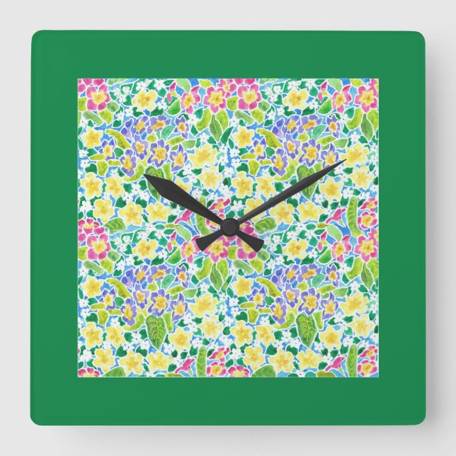 Square Wall Clock, Spring Primroses, Forest Green Square Wall Clock (Front)