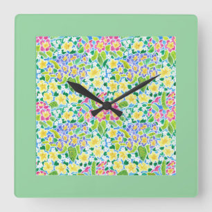 Square Wall Clock, Spring Primroses, Mint Green Clock