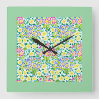 Square Wall Clock, Spring Primroses, Mint Green Square Wall Clock