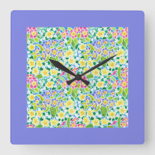 Square Wall Clock, Spring Primroses, Powder Blue Clock