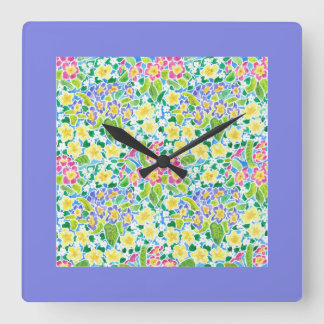 Square Wall Clock, Spring Primroses, Powder Blue Square Wall Clock