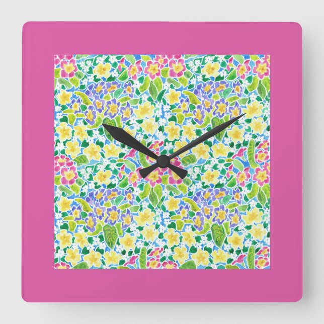 Square Wall Clock, Spring Primroses, Pretty Pink Square Wall Clock (Front)
