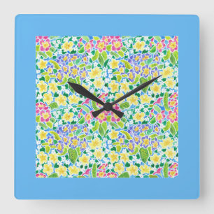Square Wall Clock, Spring Primroses, Sky Blue Square Wall Clock