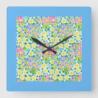 Square Wall Clock, Spring Primroses, Sky Blue Square Wall Clock