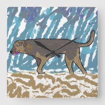 Square wall clock with walking dog design