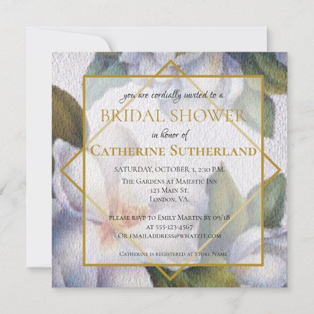 Square White Magnolia Watercolor Bridal Shower Invitation (Front)