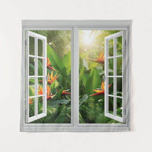 Square White Window with Tropical Scenic View Tapestry (Front)