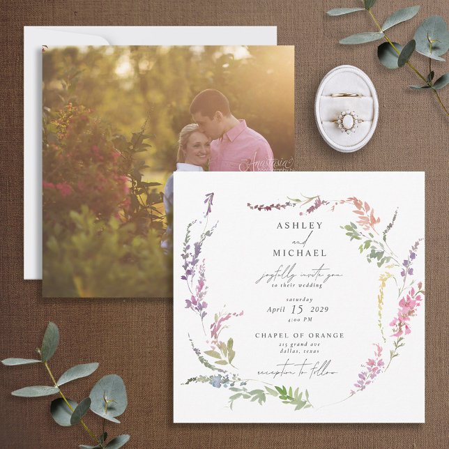 Square Wildflower Watercolor Floral Photo Wedding Invitation (Creator Uploaded)
