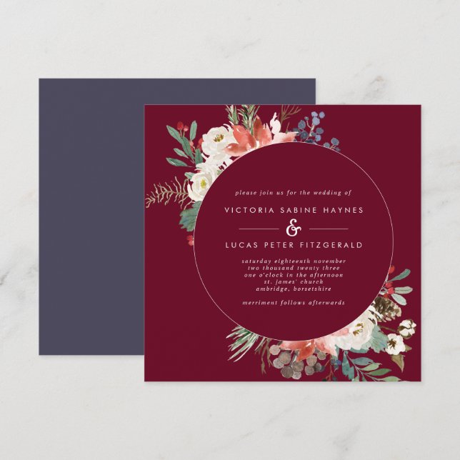 Square Winter Berry Floral Wedding Invitation (Front/Back)