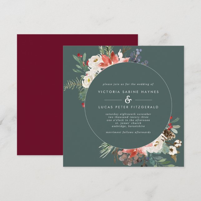 Square Winter Sage & Marsala Floral Wedding Invitation (Front/Back)