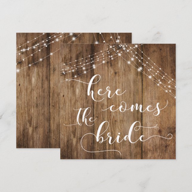 Square Wood Lights Here Comes the Bride Dog's Sign Invitation (Front/Back)