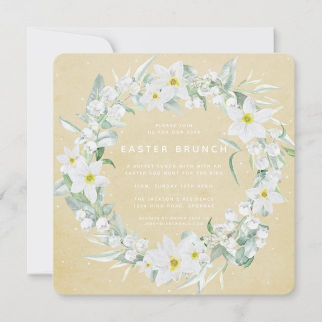 Square Yellow + White Floral Wreath Easter Brunch Invitation (Front)