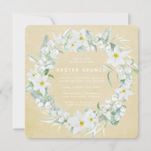 Square Yellow + White Floral Wreath Easter Brunch Invitation
