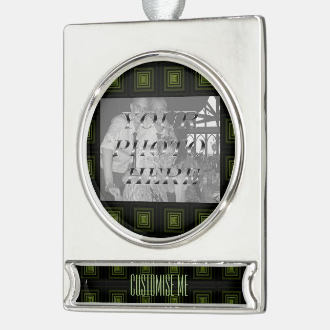 Squareception (Square Pattern) Green Silver Plated Banner Ornament (Left)