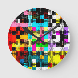 Squares Geometric colourful abstract art Round Clock