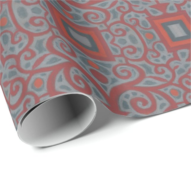 Squares & Lace, arabesque pattern, grey terracotta Wrapping Paper (Roll Corner)