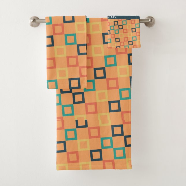Squares Peach Blue Minimal Pattern Bath Towel Set (Insitu)