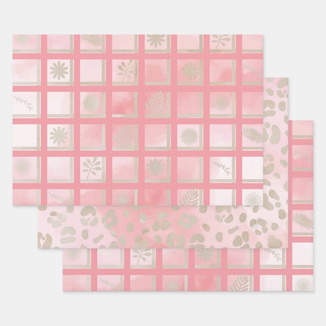 Squares Pink Floral Leopard Pattern Wrapping Paper Sheet (Set)