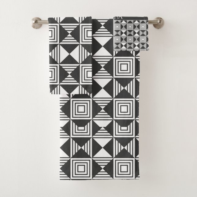 Squares & Triangles Black White Minimal Pattern Bath Towel Set (Insitu)