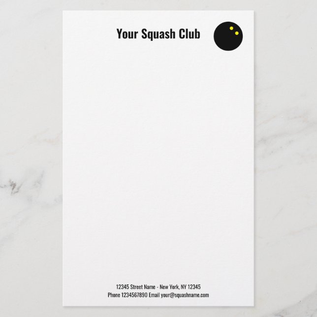 Squash club stationery with yellow dots ball logo  (Front)