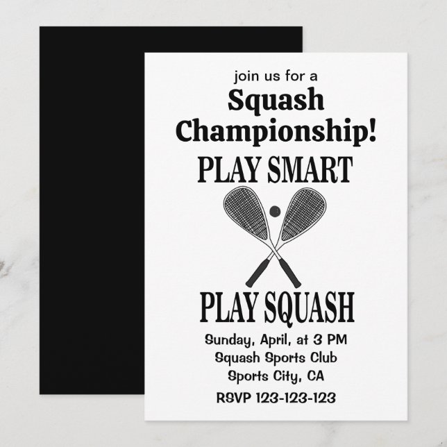 Squash Sports Player Team Play Squash Invitation (Front/Back)