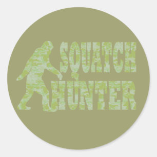 Squatch hunter on camouflage classic round sticker