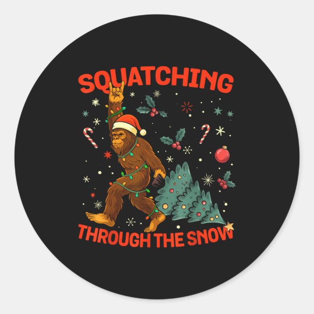 Squatching Through The Snow Funny Bigfoot Rock On  Classic Round Sticker (Front)