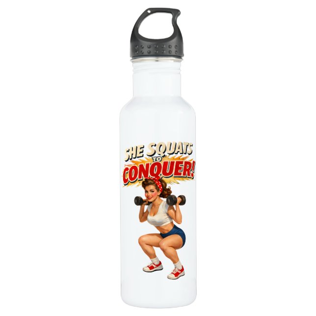 Squats Conquer Funny Retro Gym Pin-Up Motivational 710 Ml Water Bottle (Front)