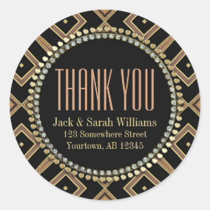 Squaza Art Deco Gold Black ThankYou Round Stickers