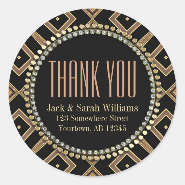 Squaza Art Deco Gold Black ThankYou Round Stickers (Front)