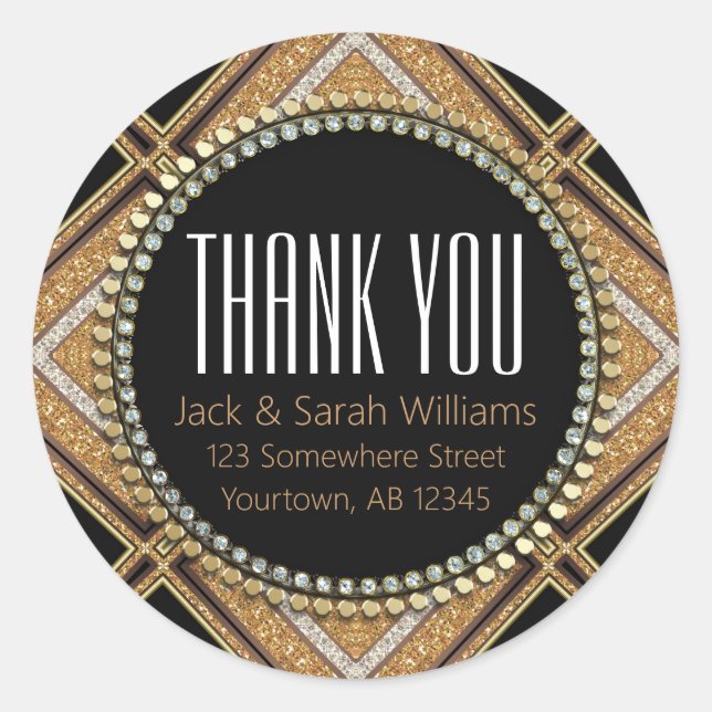 Squaza-D Art Deco Gold Black Thank You Round Classic Round Sticker (Front)