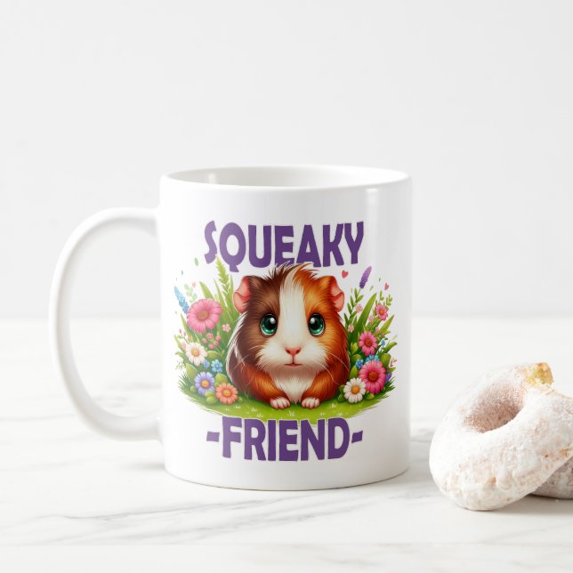 Squeaky Friend pun. Cute Baby Guinea Pig cartoon Coffee Mug (With Donut)