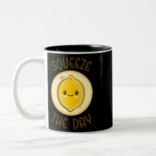 Squeeze The Day Cute Adorable Kawaii Lemon Food Pu Two-Tone Coffee Mug