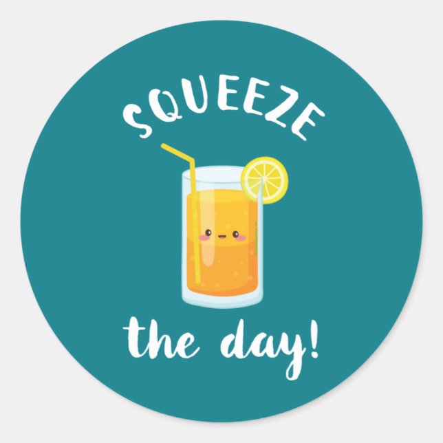 Squeeze The Day Funny Orange Juice Lover Puns Classic Round Sticker (Front)
